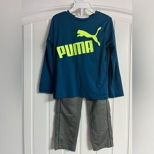Toddler Puma Teal Long Sleeve Shirt with Neon Yellow Logo and Charcoal Pants 4T‎